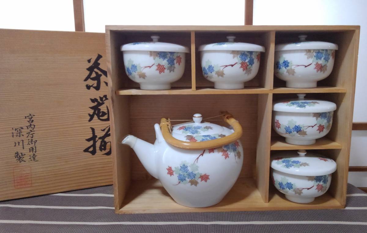 陶器製茶器セット 深川製 急須1 湯呑み5 深川製磁 松竹梅 茶器揃