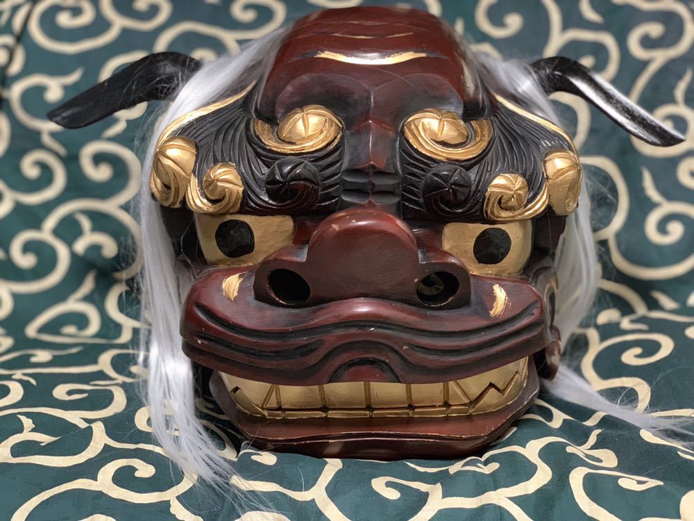 木彫り獅子舞い【権九郎 獅子頭】朱漆塗り 9寸サイズ 能面 神楽面 祭り
