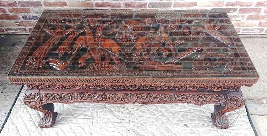 テーブル 彫刻 アンティーク 象 アジアン家具 木製家具 ガラス天板