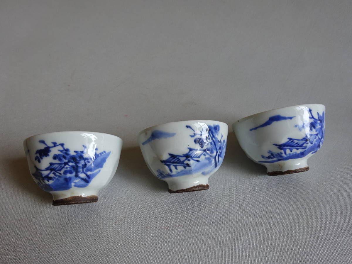 大明成化年製」南京焼 松竹梅染付 煎茶碗 十客 在銘/