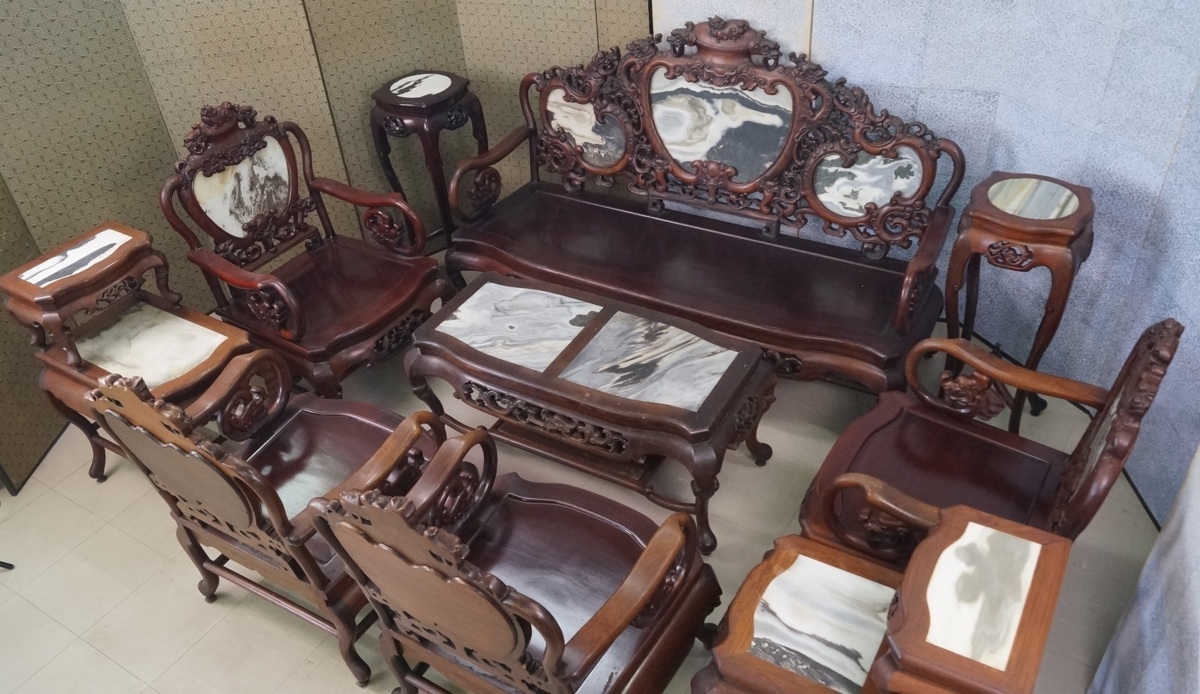 □特大□中国唐木花梨螺鈿象嵌花台□飾り台/花鳥図⑥