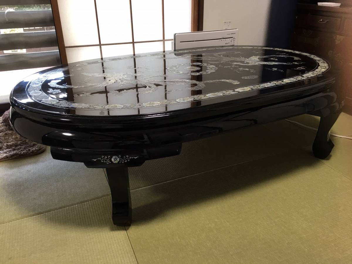 極上 逸品 黒漆 青貝螺鈿細工 花鳥図 楕円型 座卓/テーブル/韓国/李