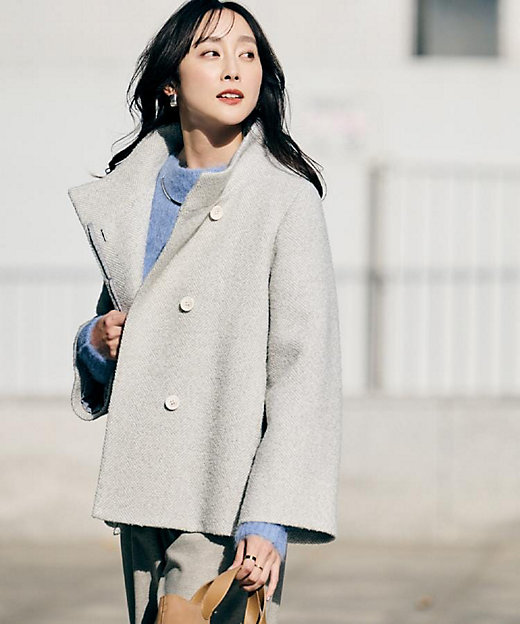 エレガント／ミディアウター】ミックスヘリンボンコート