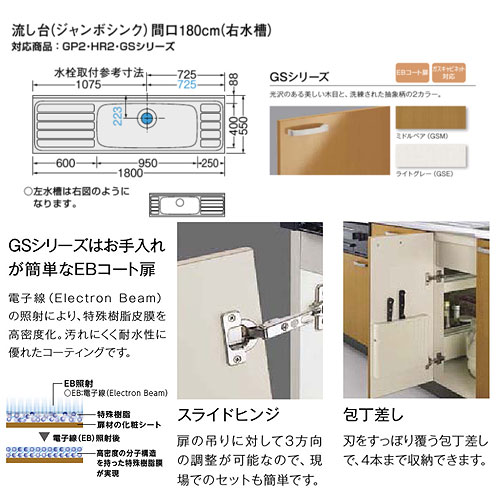GSM-S-180JXT(R/L)｜LIXIL｜流し台(3段引出し) セクショナルキッチンGS