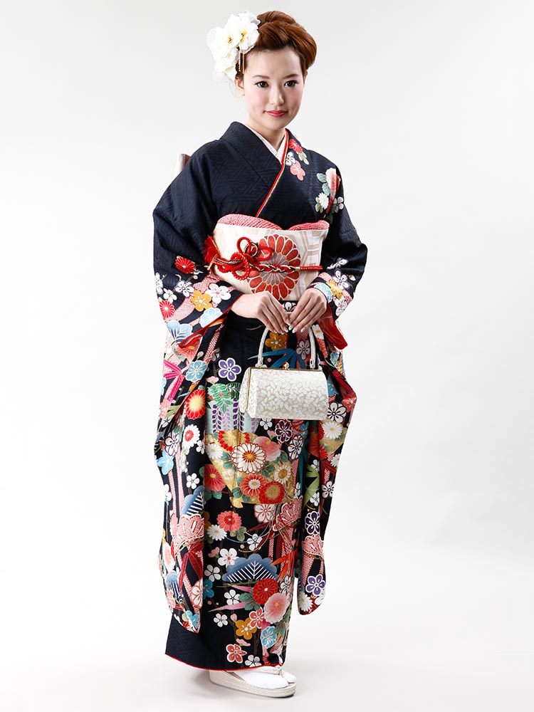 高級振袖レンタル】f-70 松竹梅・扇 MLサイズ 墨黒｜KIMONO-PRO
