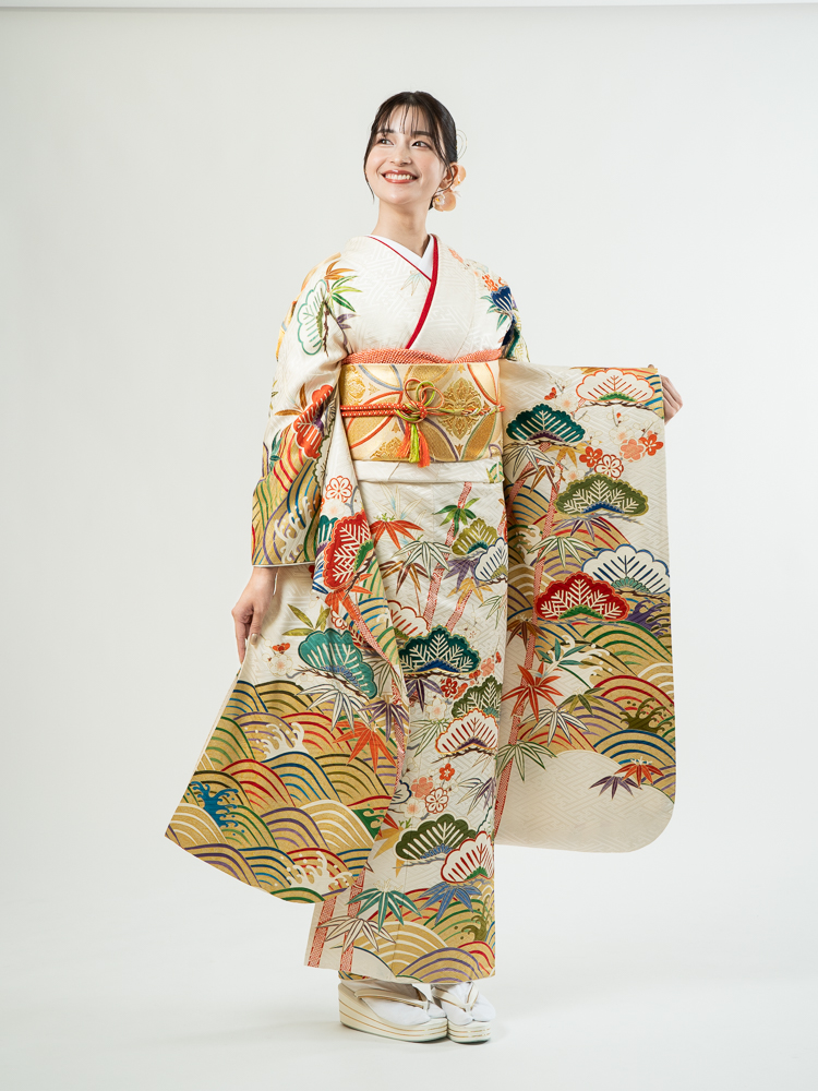 う12)青紫の祝い青海波模様に本絞りや手描き✨アンティーク振袖⑤点