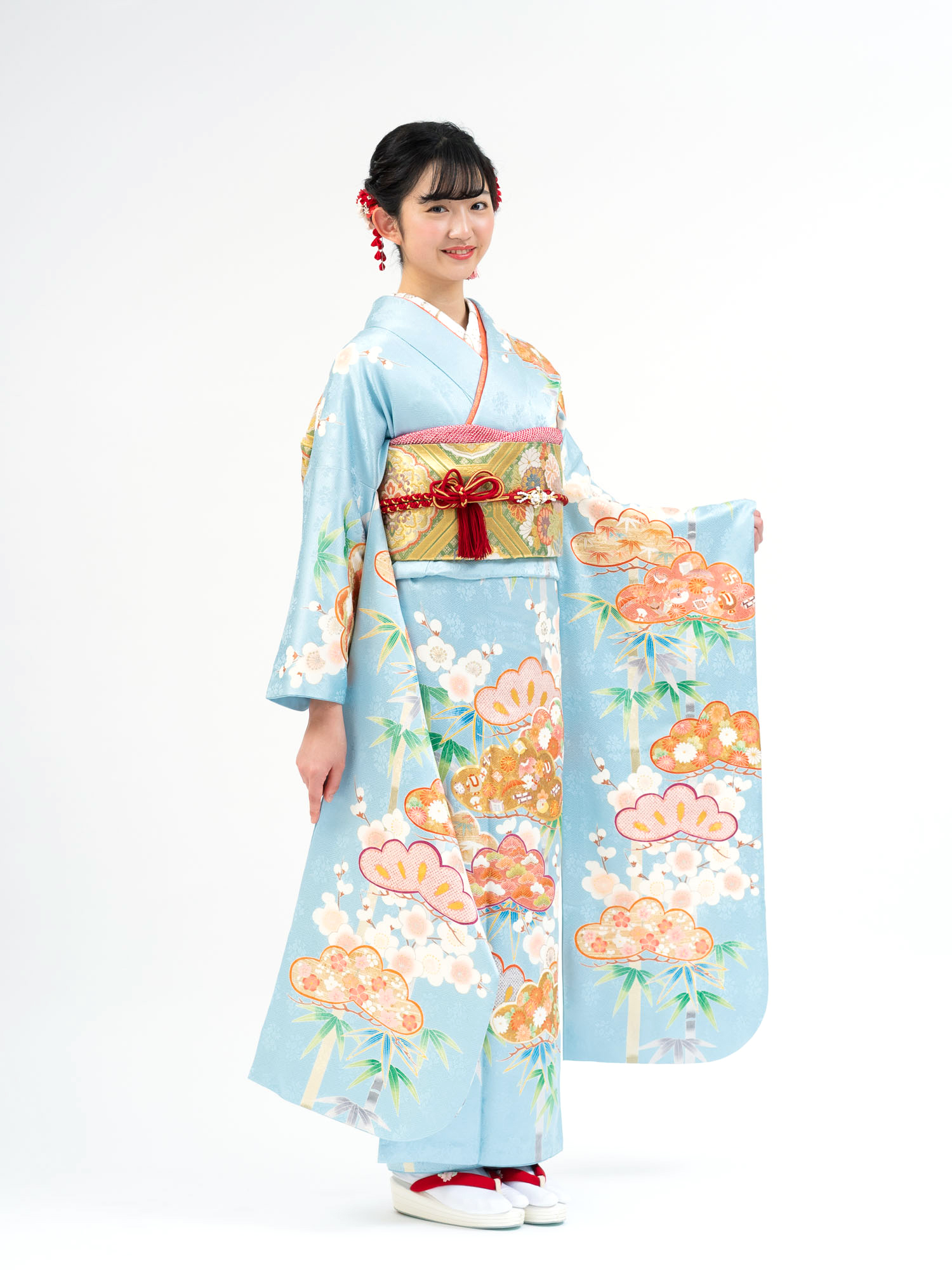 高級京友禅の振袖レンタル】古典柄・松竹梅の柄 MLサイズ 水色 品番K