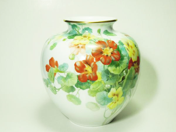 戦前オールド大倉 手描色絵花図 大花瓶 角印 共箱【大倉陶園作