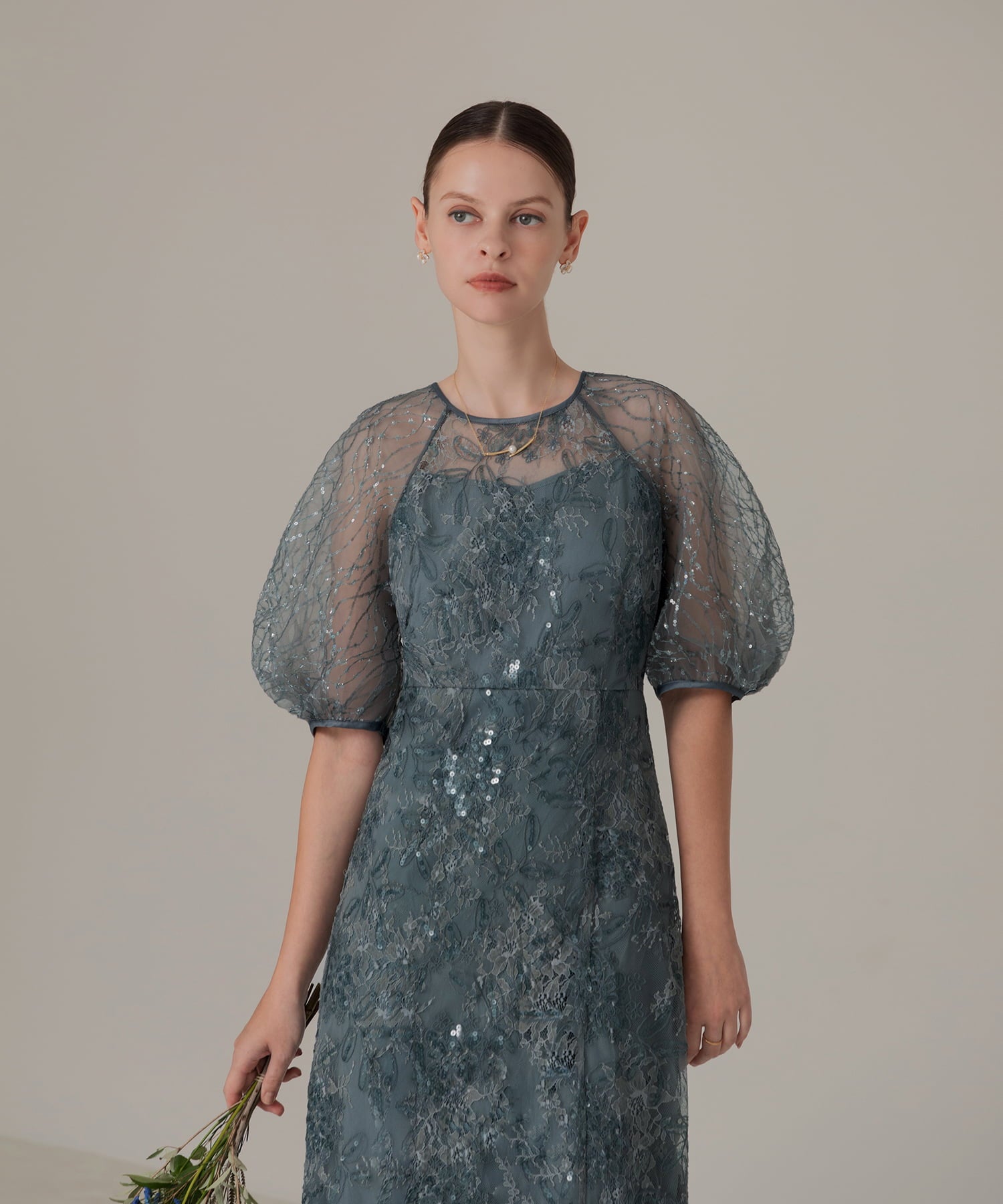 Leja花柄レースカラースパンコール刺繍Aラインフレアドレスワンピース