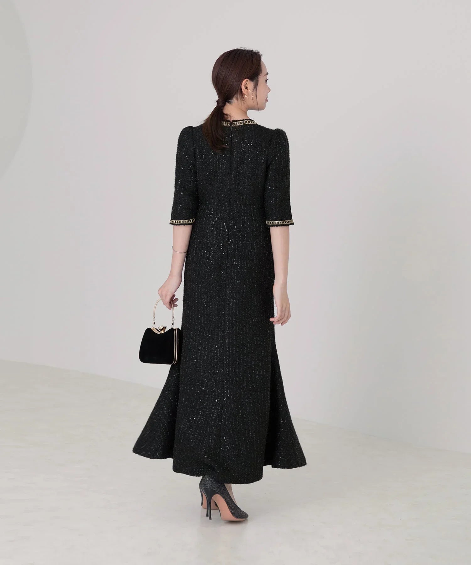 当日発送】ラメツイードレザーパイピングパールマーメイドワンピース