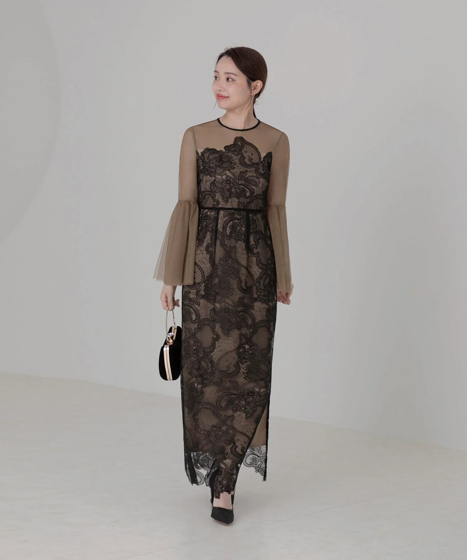 Leja シアー刺繍レースプリーツIラインロングワンピースドレス レジャ