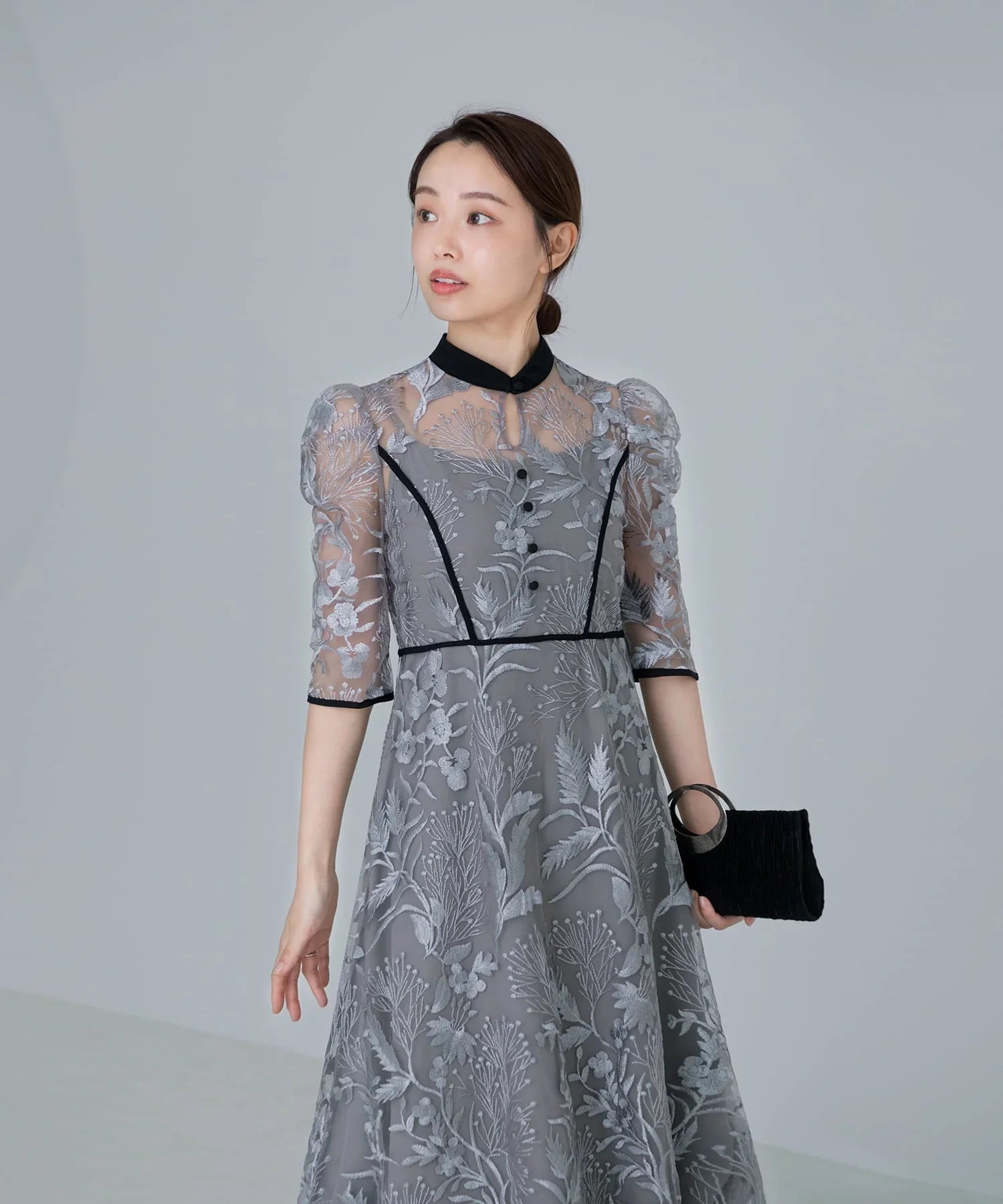 当日発送】花柄チュールパフスリーブワンピース/パーティードレス