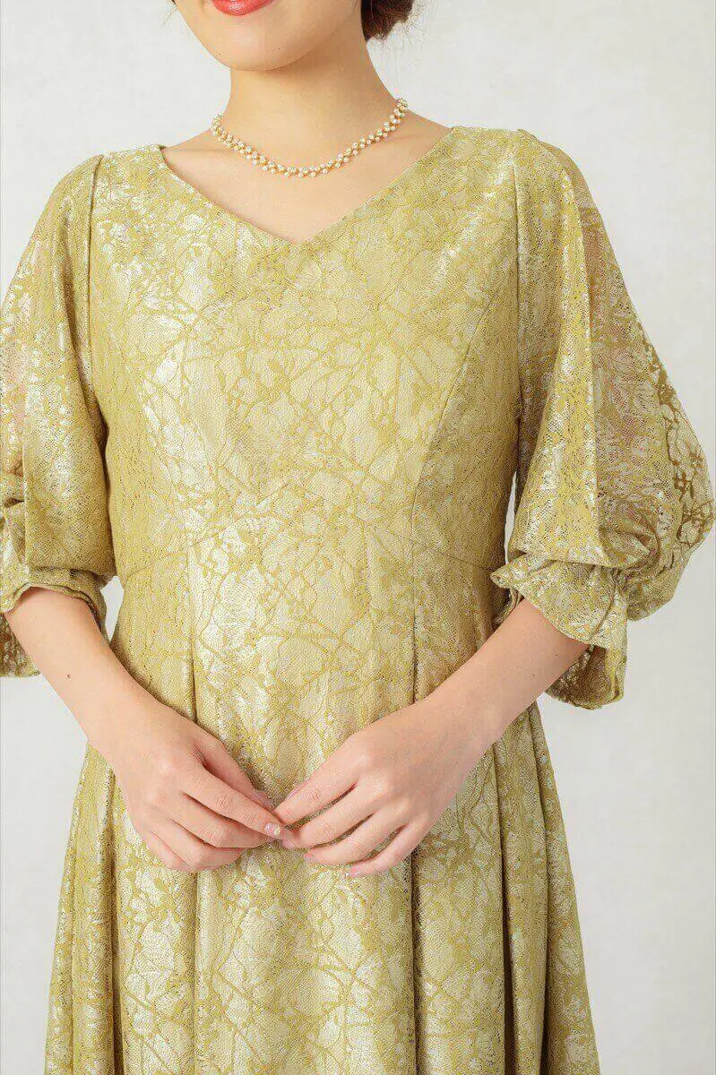 イエローのボリューム袖レースドレス | Dorry doll | M | 結婚式