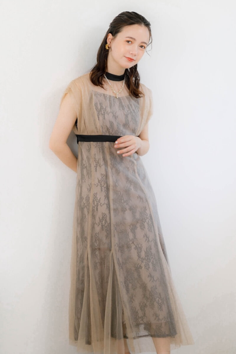 ベージュのレイヤードチュールドレス | Dorry doll | M | 結婚式