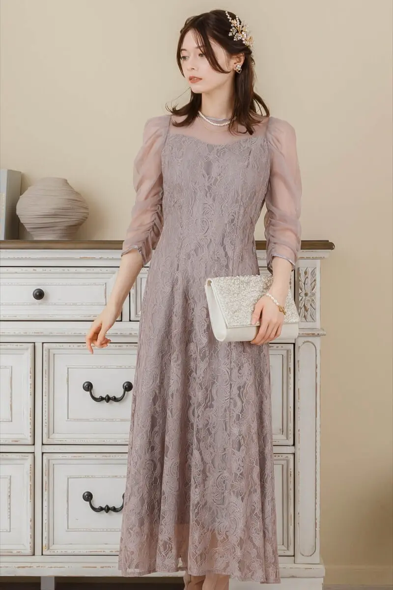 グレージュのギャザースリーブレースドレス | Dorry doll | M | 結婚式