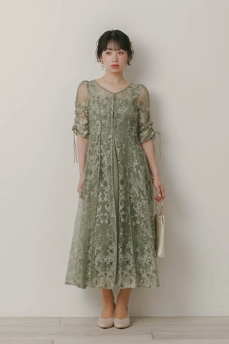 グリーンのエンブロイダリーレイヤードドレス | Dorry doll | M