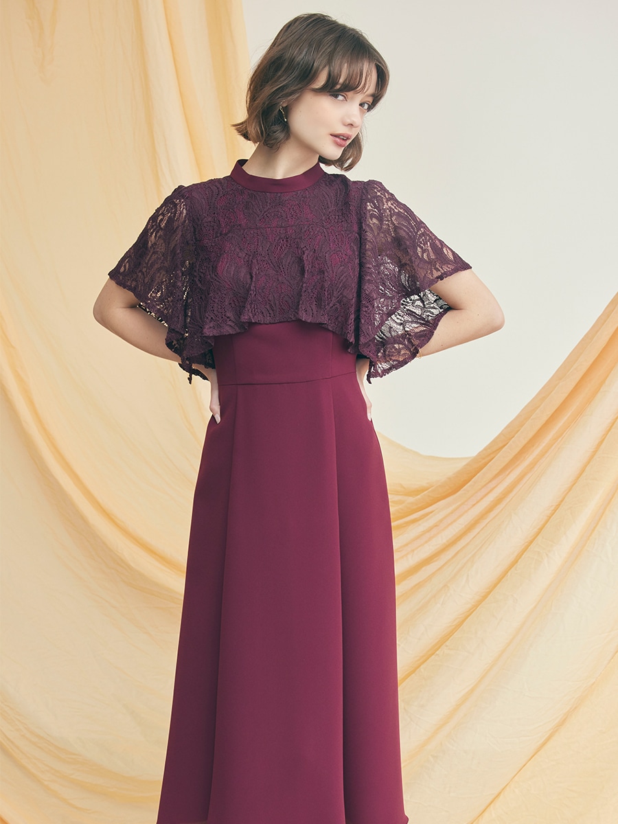 レースケープ風スリーブフィット＆フレアドレス(M ワイン): AIMER