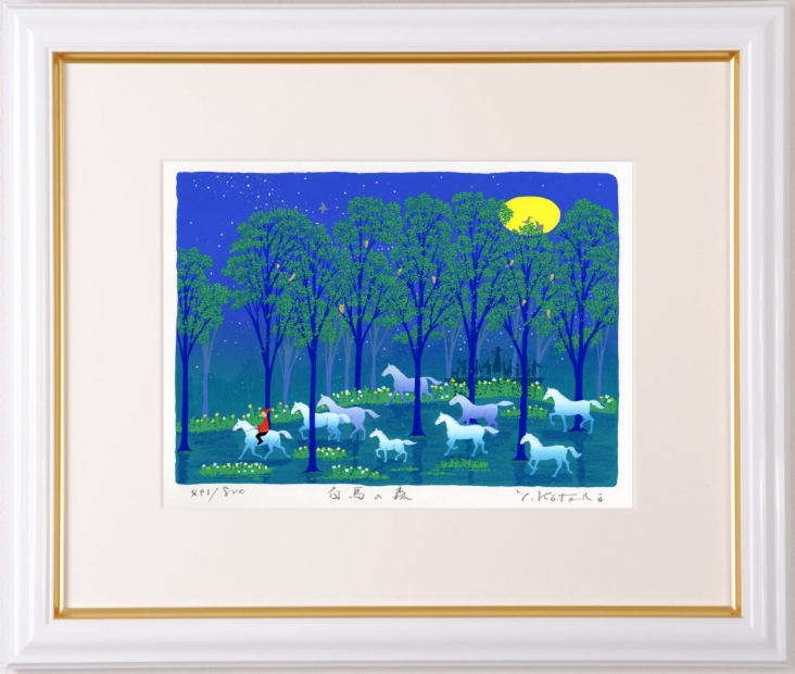 花とチャペル 小鳥 緑 吉岡浩太郎 額付き絵画シルクスクリーン初代