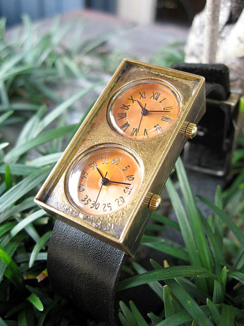 アンティーク調 手作り時計】メンズサイズ時計 真鍮製 長方形のダブル