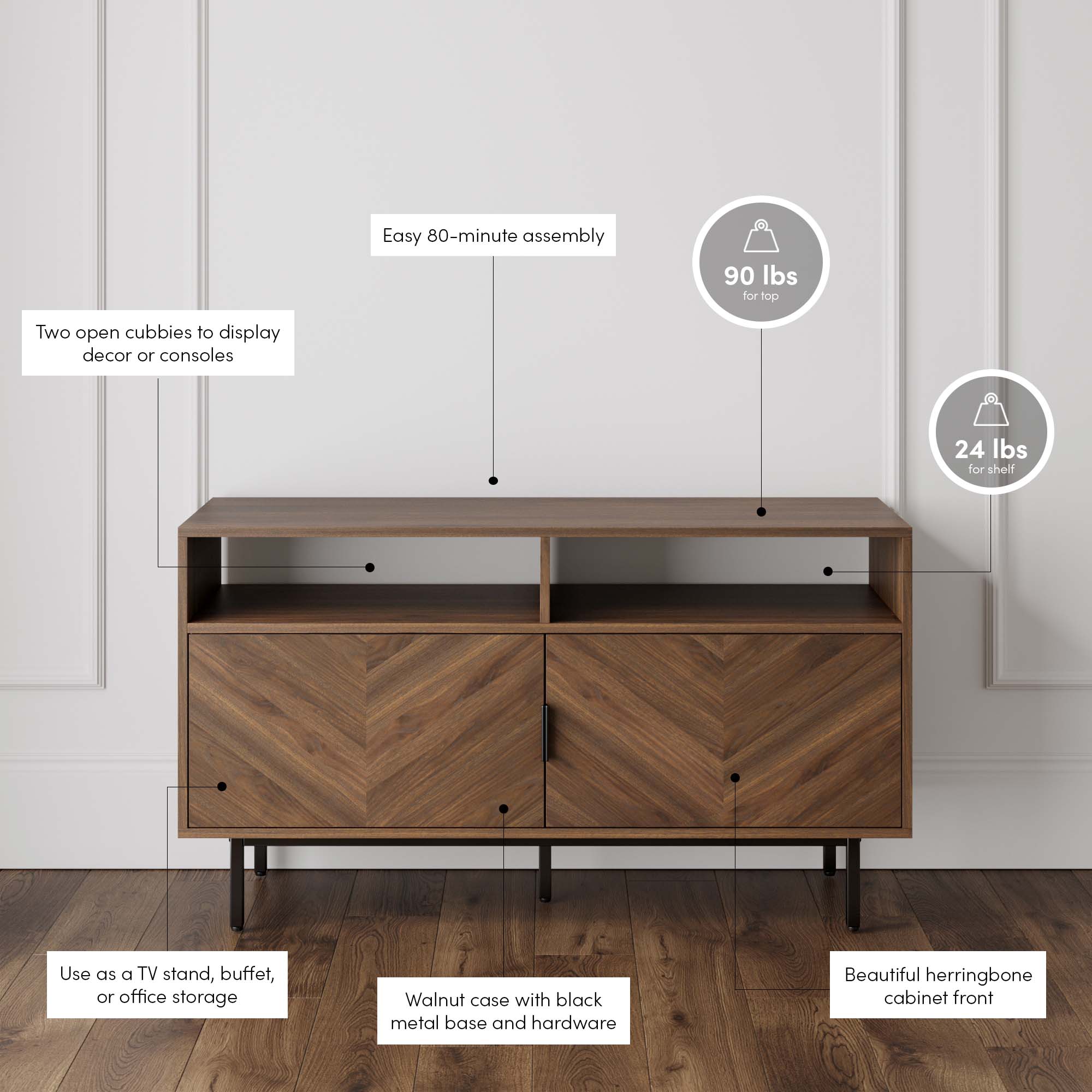 Izsak Herringbone Wood TV Storage Cabinet in Walnut | Nathan James