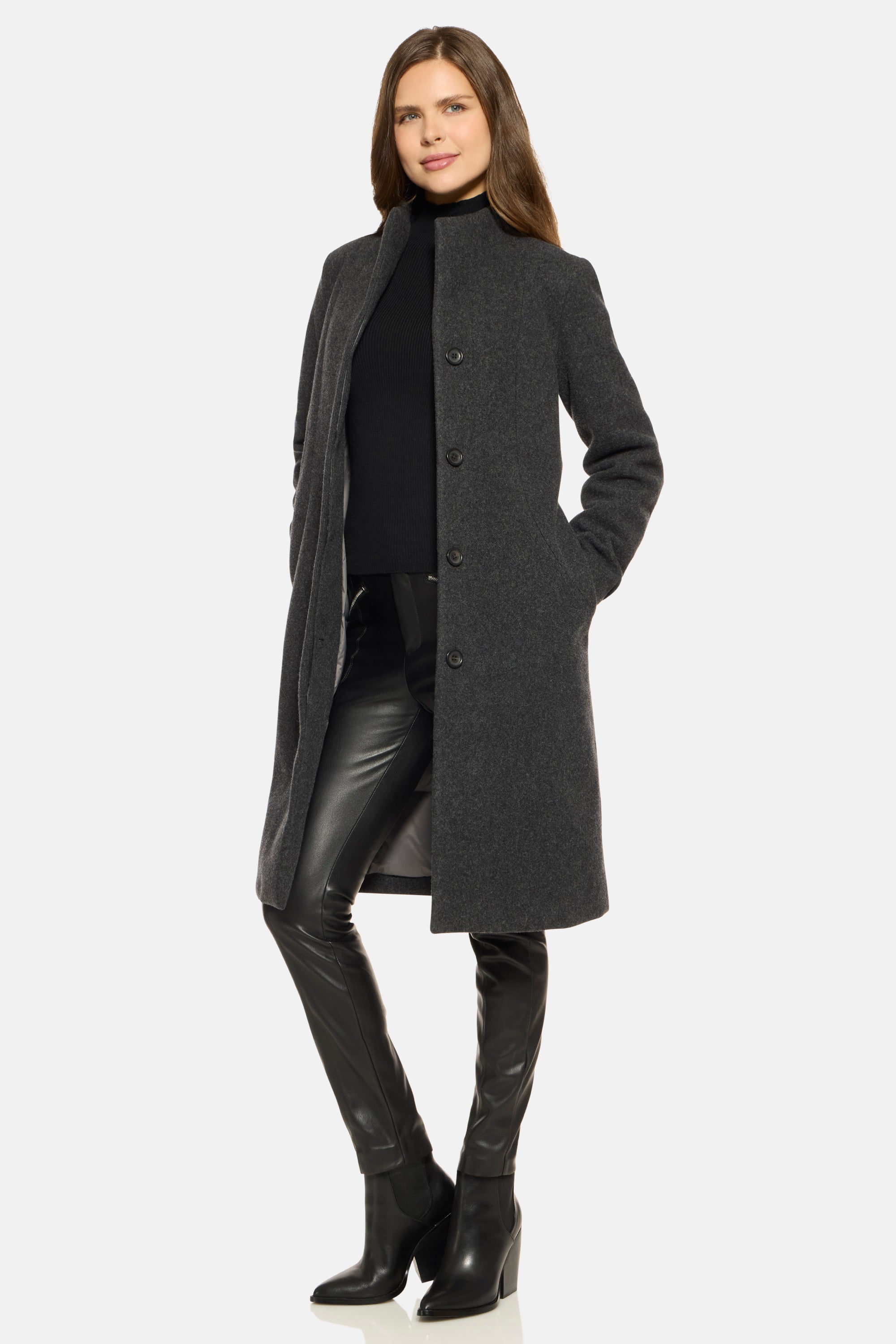 Stand Collar City Coat, Charcoal | Down-Lined Waterproof Cashmere