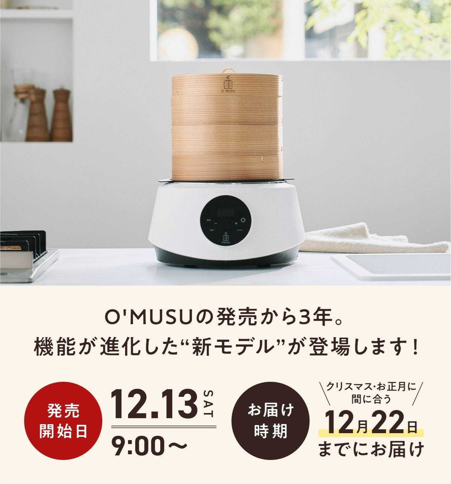 ほぼ新品】電気蒸し器 O'MUSU - オムス - 電気せいろ 本体 ホワイト