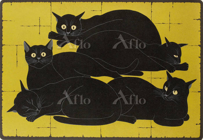 版画 黒猫5匹 西田忠重作