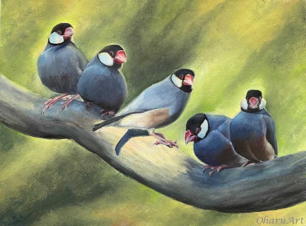 原画「小鳥ブレーメン 北欧ブルー」イラスト/アート/絵画/鳥/インコ