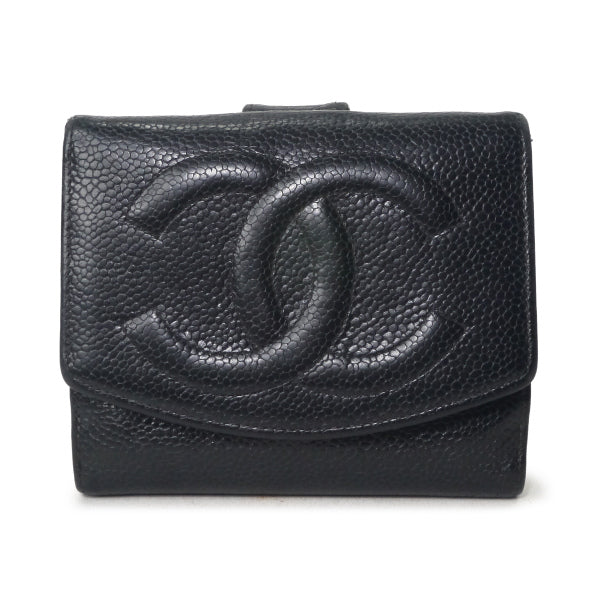 OLD CHANEL ココステッチWホック折財布（黒/キャビアスキン