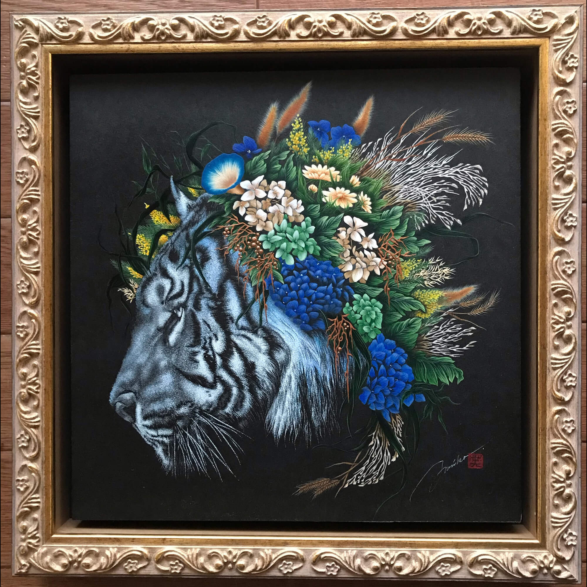 日本画家堤進の平面ポップアート 作品 。ミクストメディア「迷蝶・棺一