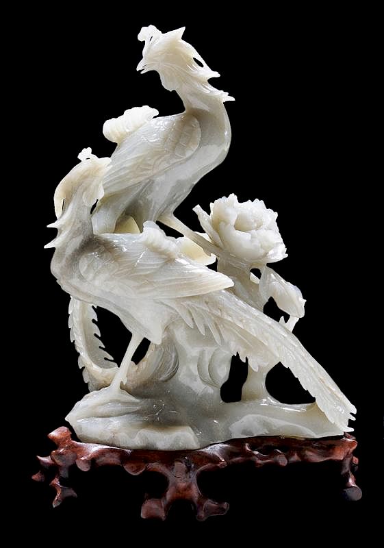 Jade Carving, Two Phoenixes and 带雕花木托架翡翠雕牡丹双凤，20世纪
