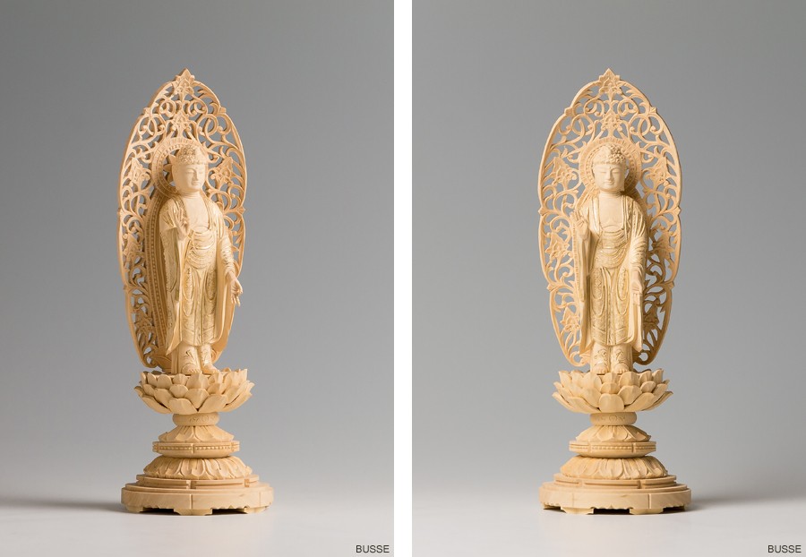 仏像 舟立阿弥陀如来 柘植製/ツゲ 丸座 3寸 金泥書 浄土宗・時宗 /あみ