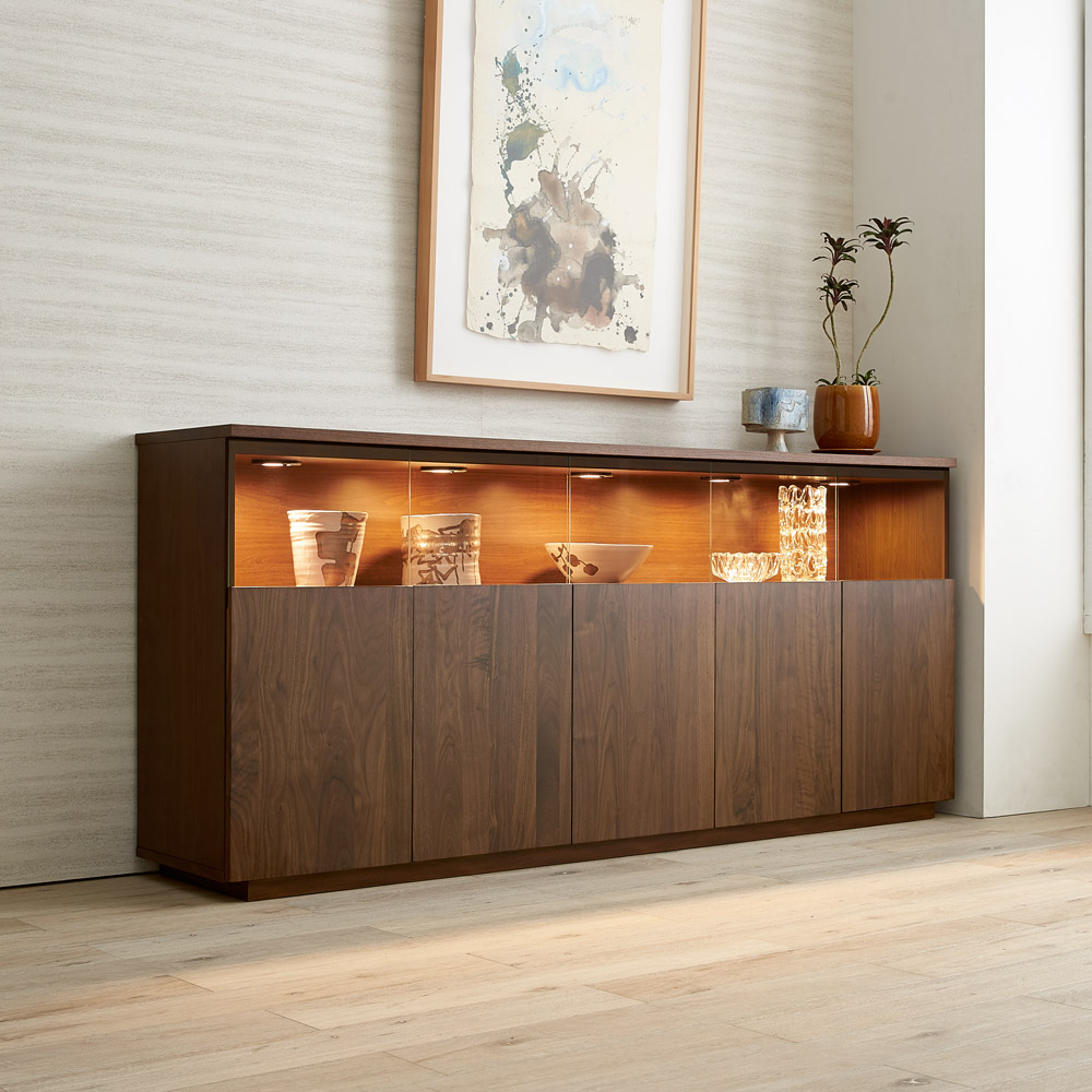 キャビネット サイドボード LEDライト付き 幅100cm 木目調 コンパクト