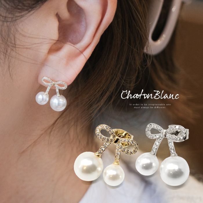 リボンモチーフパールピアス ピアス レディース ゴールド シルバー