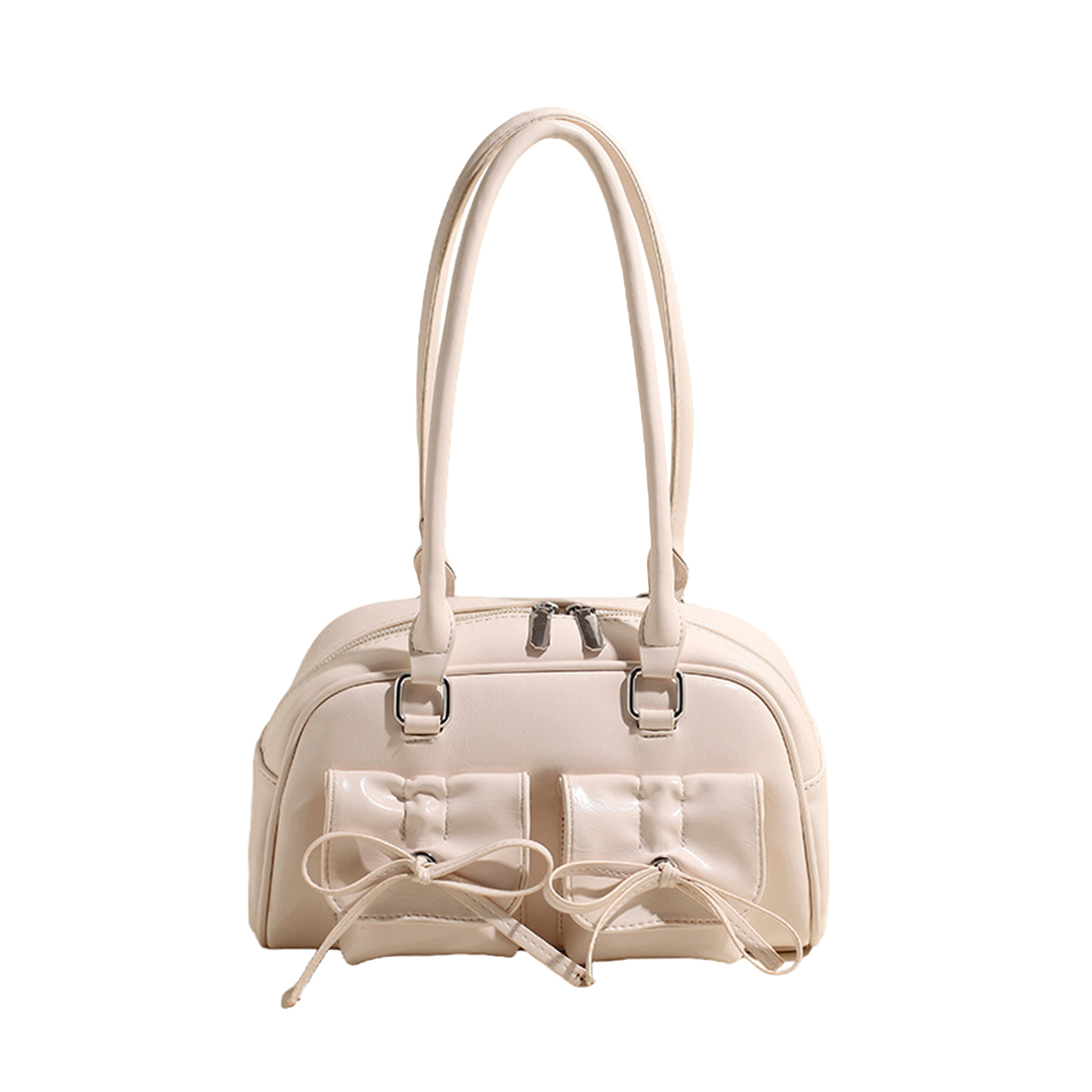 リボン付き エナメル ミニボストン ショルダー バッグ ツインポケット