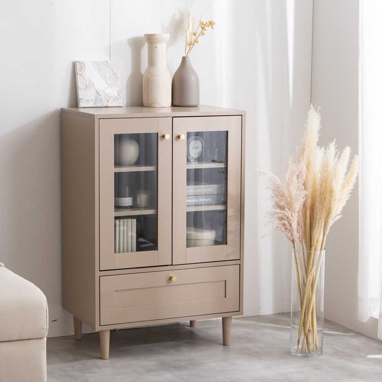 キャビネット ガラス扉 ピンクベージュ かわいい モダン 上品 幅60cm