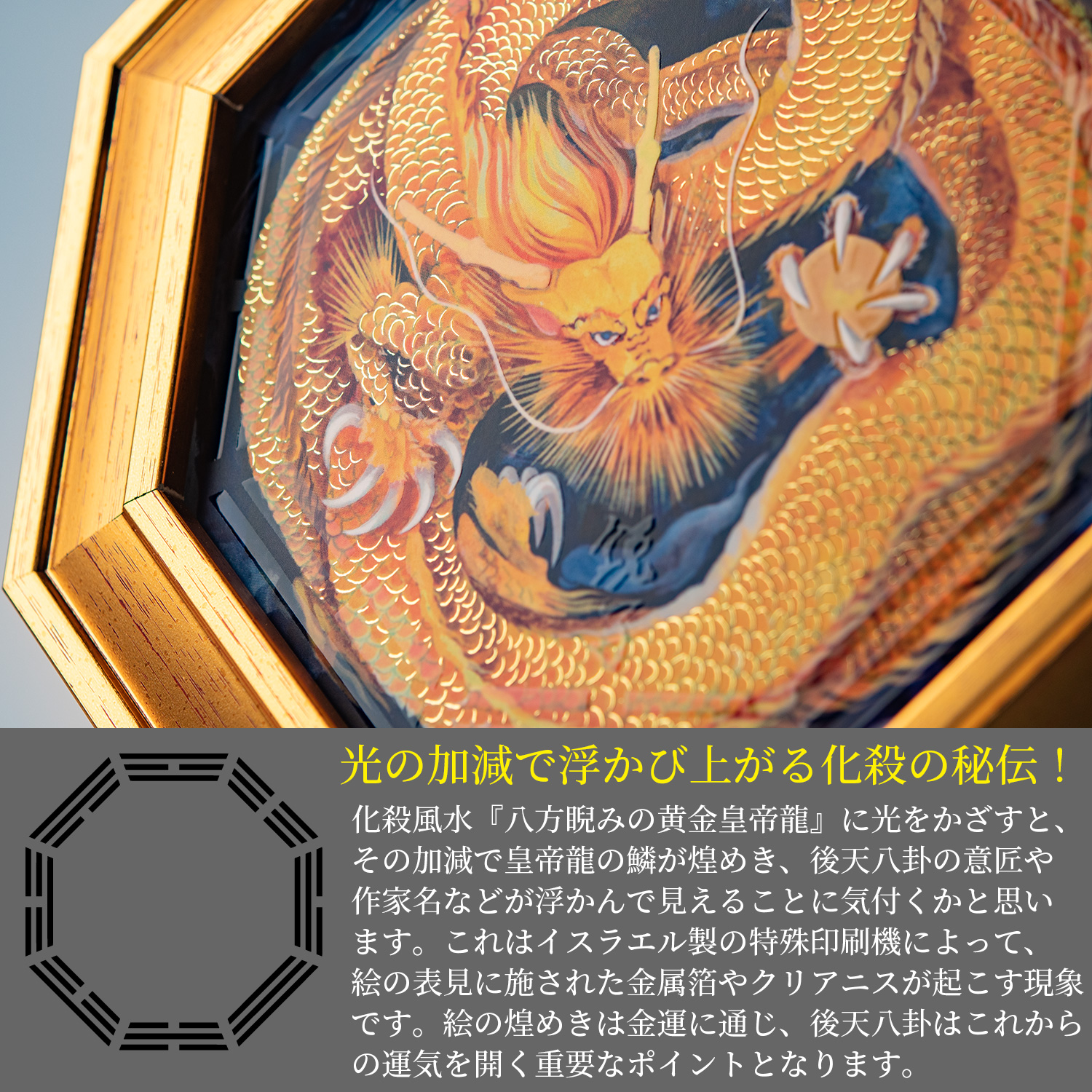 メーカー直送 化殺風水『八方睨みの黄金皇帝龍』‐玄関 風水 八角額 龍