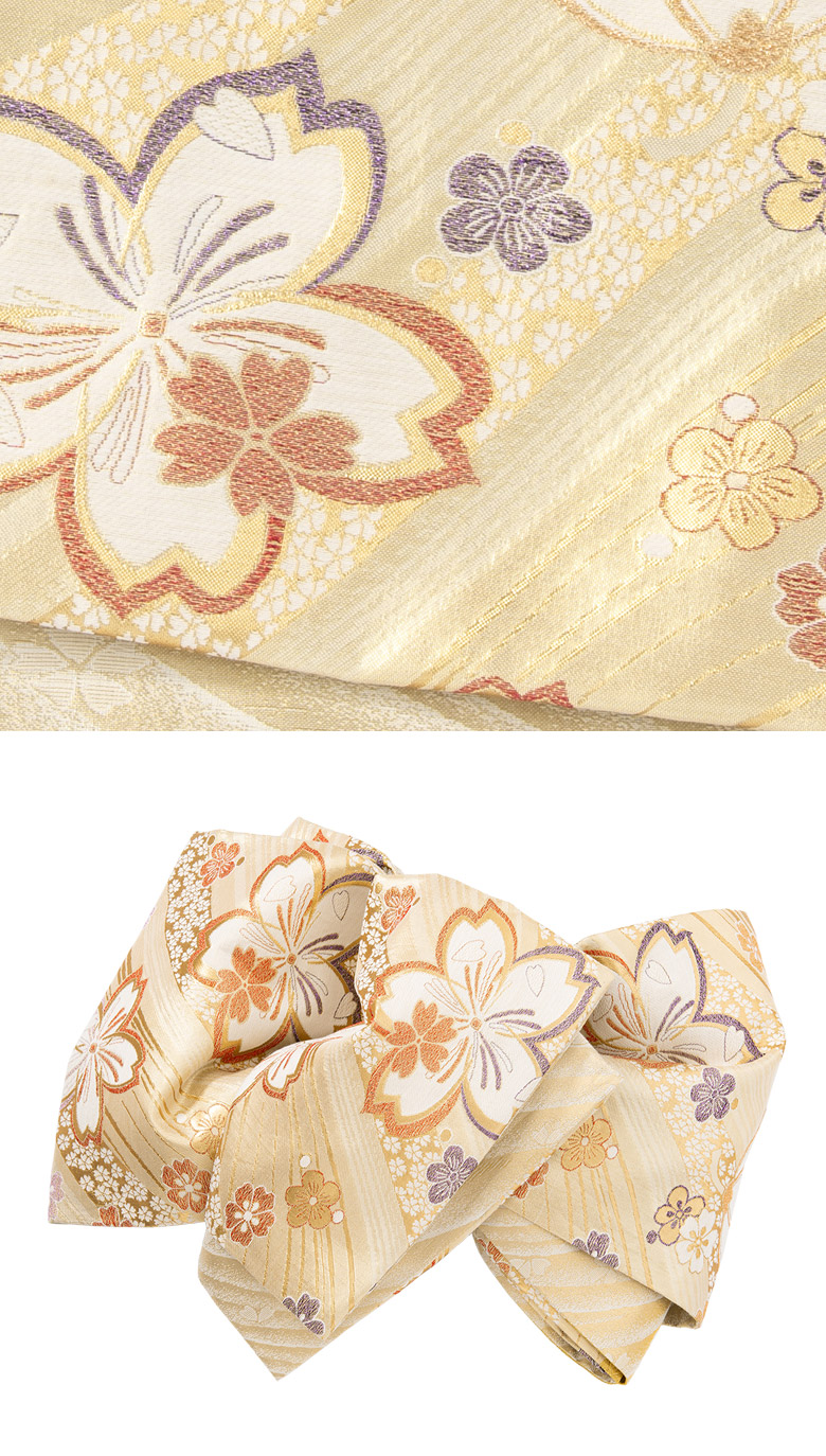 袋帯 振袖用 仕立て上り 正絹 六通 金 桜と流水 芯なし 435cm : 京の