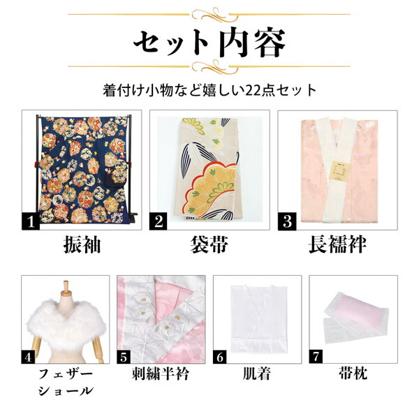 未仕立て 振袖 22点セット「紺 吉澤の本格型友禅 四君子」仮絵羽