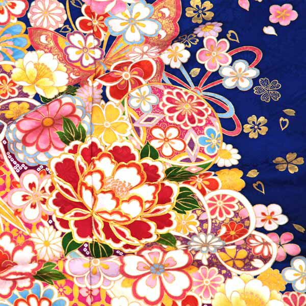 未仕立て 振袖 単品 「瑠璃紺色 鈴に牡丹」 仮絵羽 振り袖 正絹 着物