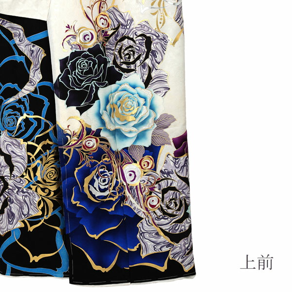 未仕立て 振袖 単品 「白×黒 青薔薇」 仮絵羽 振り袖 正絹 丹後