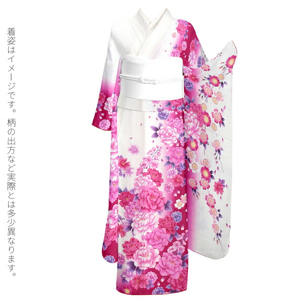 未仕立て 振袖 単品 「白×赤紫 牡丹」 仮絵羽 振り袖 正絹 着物