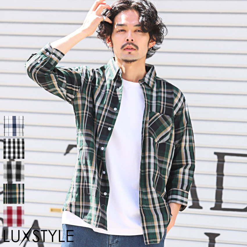 7分袖シャツ メンズ チェックシャツ 七分袖 チェック柄 総柄 レギュラ