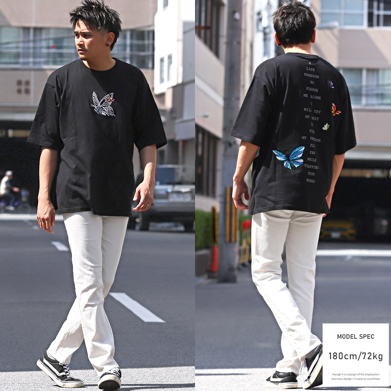 セール Tシャツ メンズ 半袖 ビッグシルエット 刺繍 蝶 バタフライ