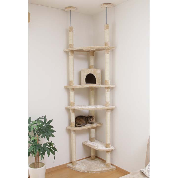 キャットタワー 突っ張り 隠れ家付き トンネル 爪とぎ 省スペース 猫