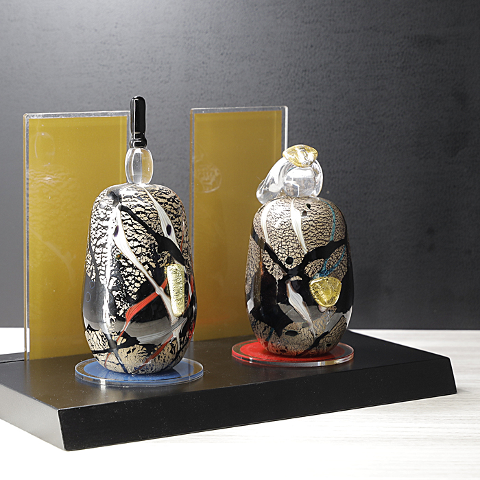 雛人形 おしゃれ コンパクト 平飾り 置物 ガラス製 手作り 吹きガラス