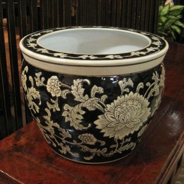 水鉢 睡蓮鉢 陶器 めだか鉢 ハス鉢 青花丸大魚洋蓮鉢 黒 中