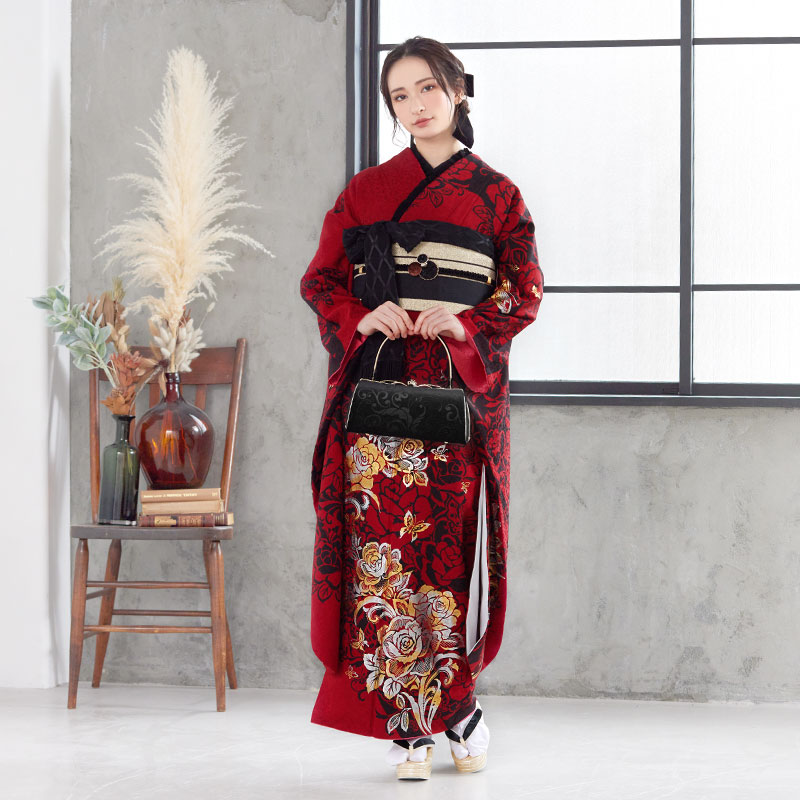 振袖 レンタル 成人式 結婚式 赤 薔薇に蝶(絹)(R1230) 一点物 12月〜1