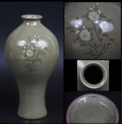 高麗時代 青磁象嵌『蓮花文』 梅瓶 大型飾壺 高さ30.5cm 花器 華道具