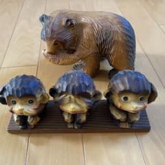 木彫りさる置物【m551 骨董レトロ見猿モンキー木工細工】